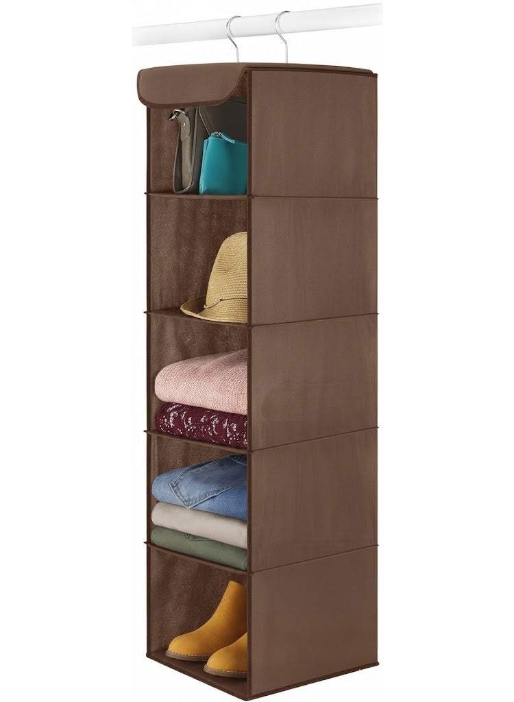 RollsTimi  5-Shelf Hanging Closet Organiser with Metal Frame & 6 Side Pockets - Brown (88.9cm Height) - Image 4
